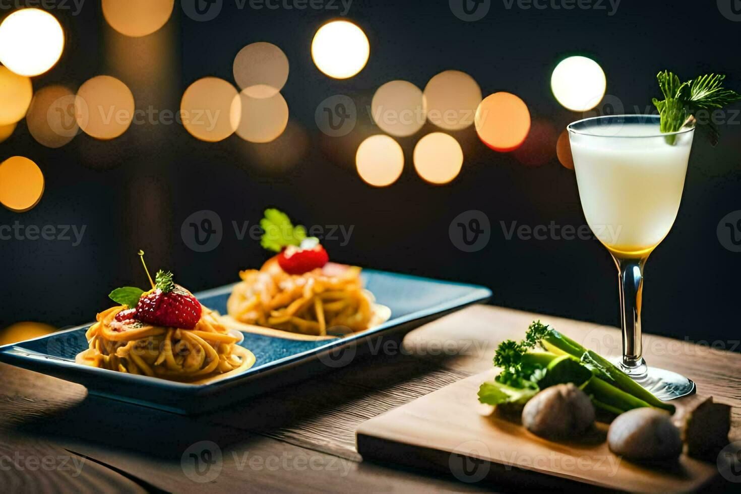 a plate with pasta and a drink on a table. AI-Generated photo