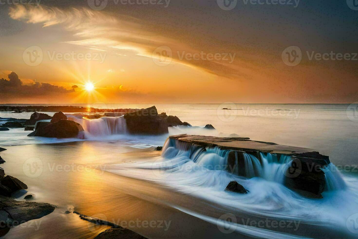 a beautiful sunset over the ocean with waves crashing into rocks. AI-Generated photo