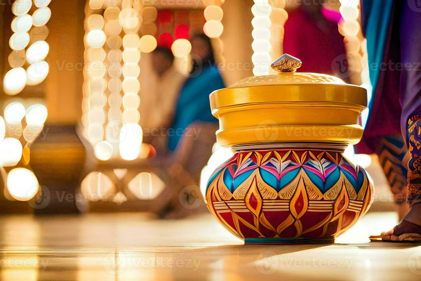 a colorful vase sitting on the floor in front of a woman. AI-Generated photo