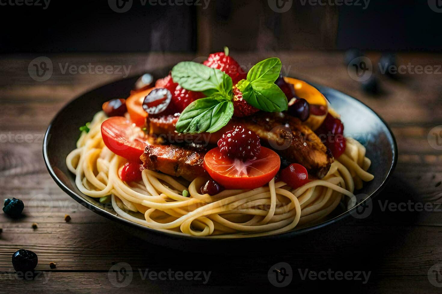 spaghetti with berries and tomatoes in a black bowl. AI-Generated photo