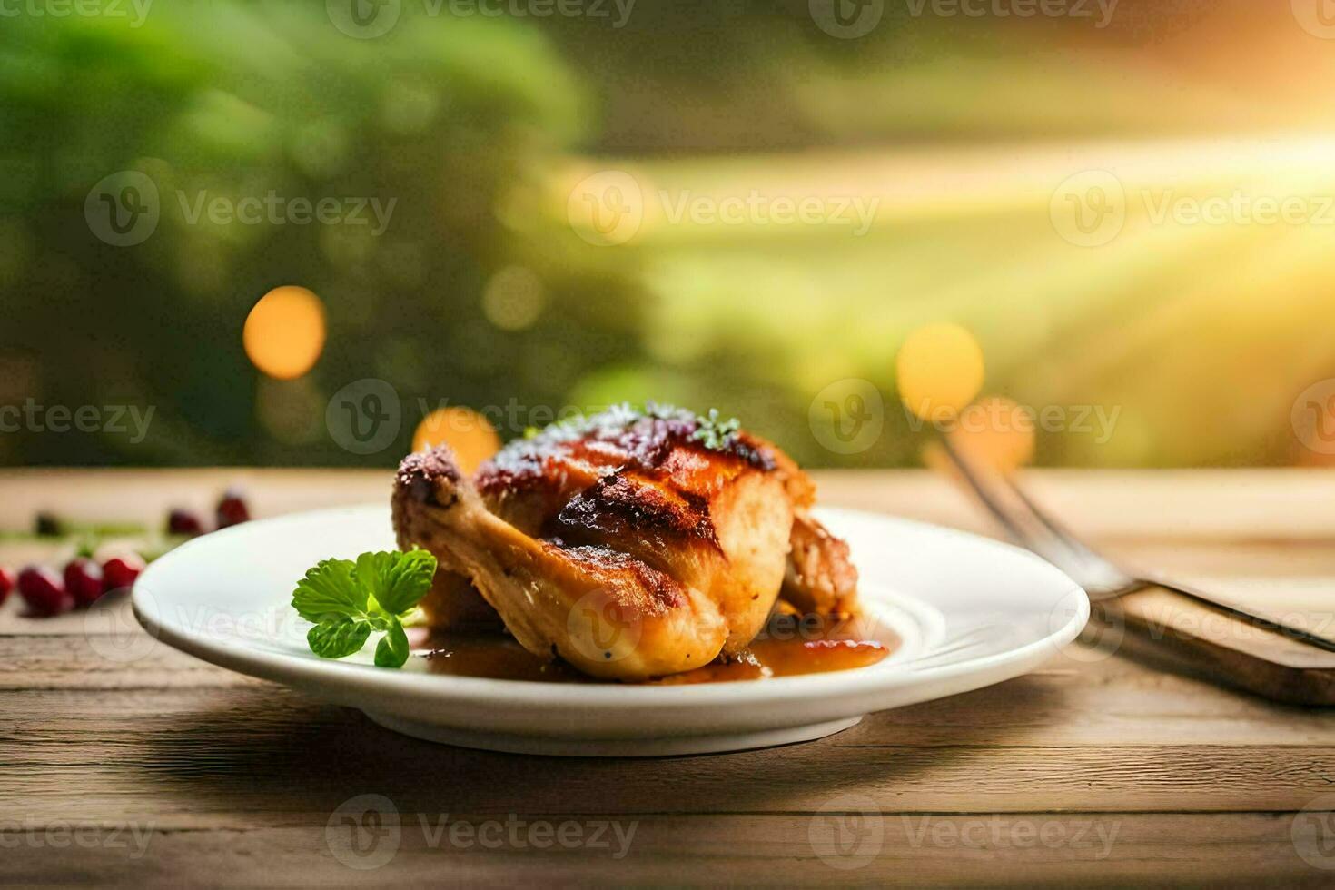 un pollo en un plato con un tenedor y cuchillo. generado por ai foto