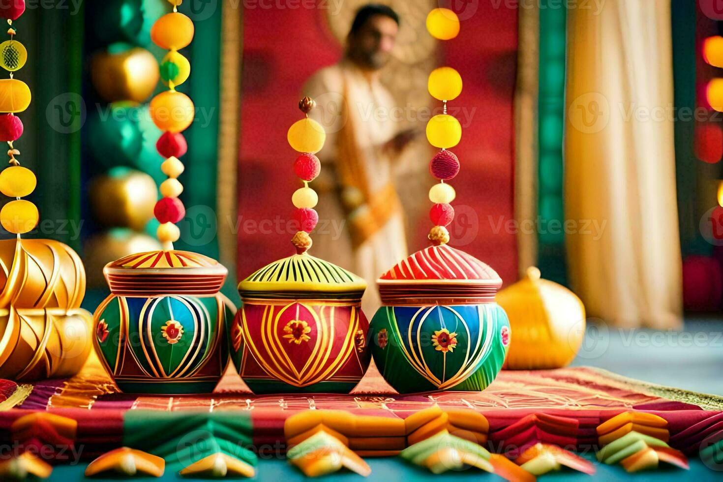 indian wedding decor with colorful pots and garlands. AI-Generated photo