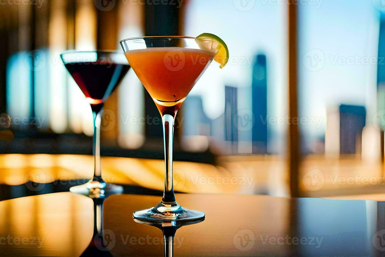 two cocktails sit on a table in front of a city skyline. AI-Generated photo