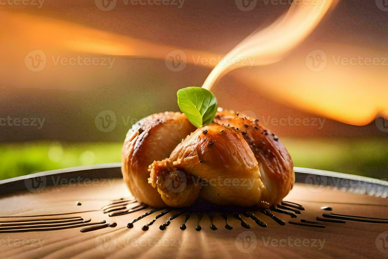 a small piece of food on a plate with smoke coming out of it. AI-Generated photo