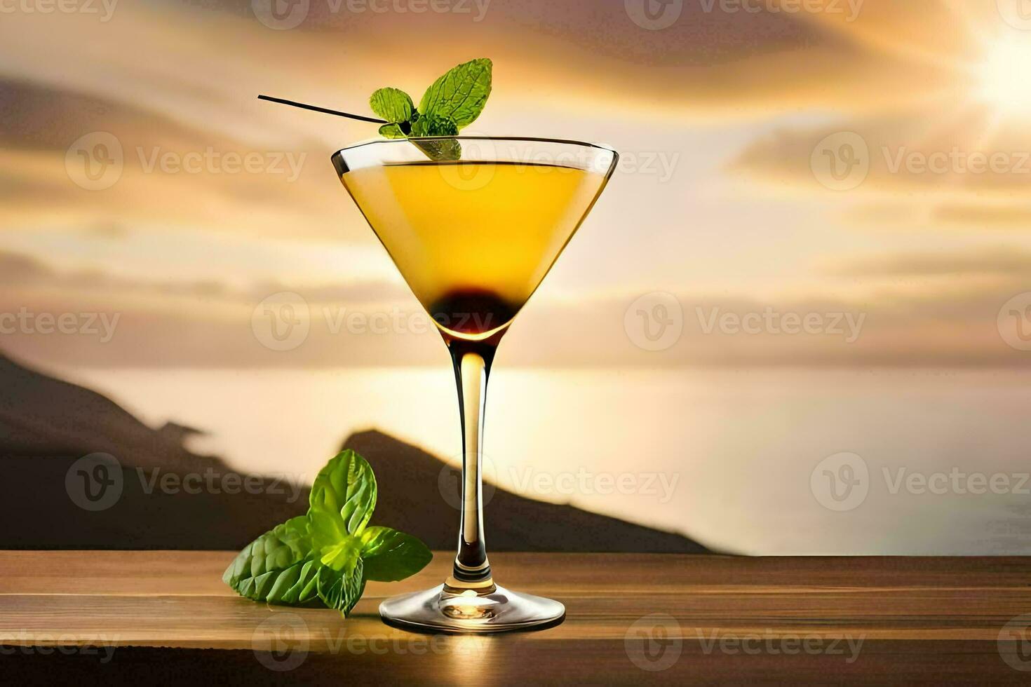 cocktail on the table with sunset in the background. AI-Generated photo