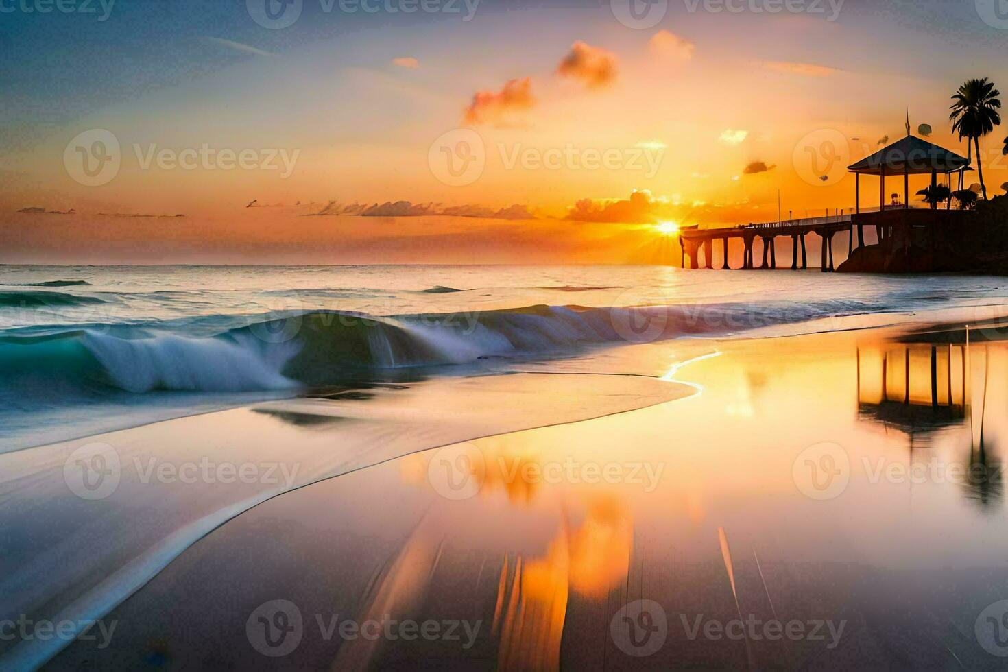 sunset, the beach, palm trees, the ocean, the beach, the ocean, the. AI-Generated photo