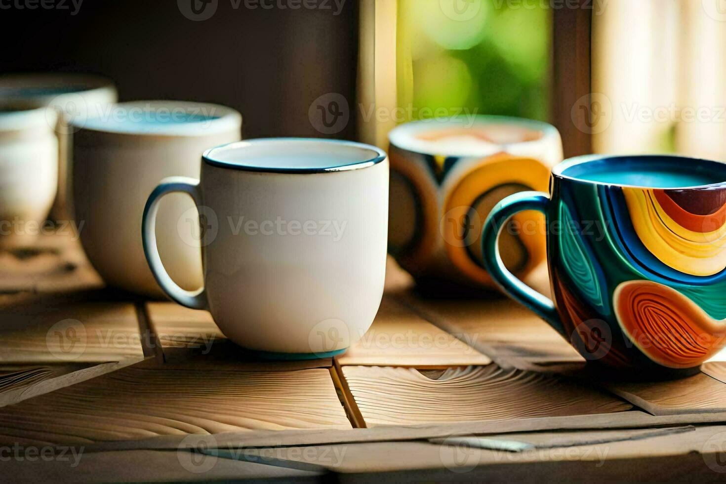 colorful coffee mugs on a wooden table. AI-Generated photo