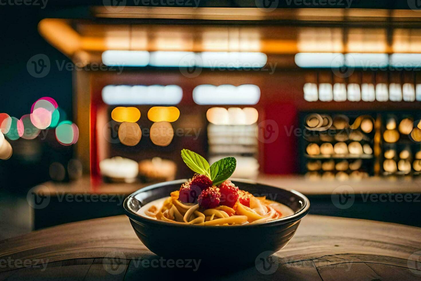 pasta in a bowl on a table in front of a restaurant. AI-Generated photo