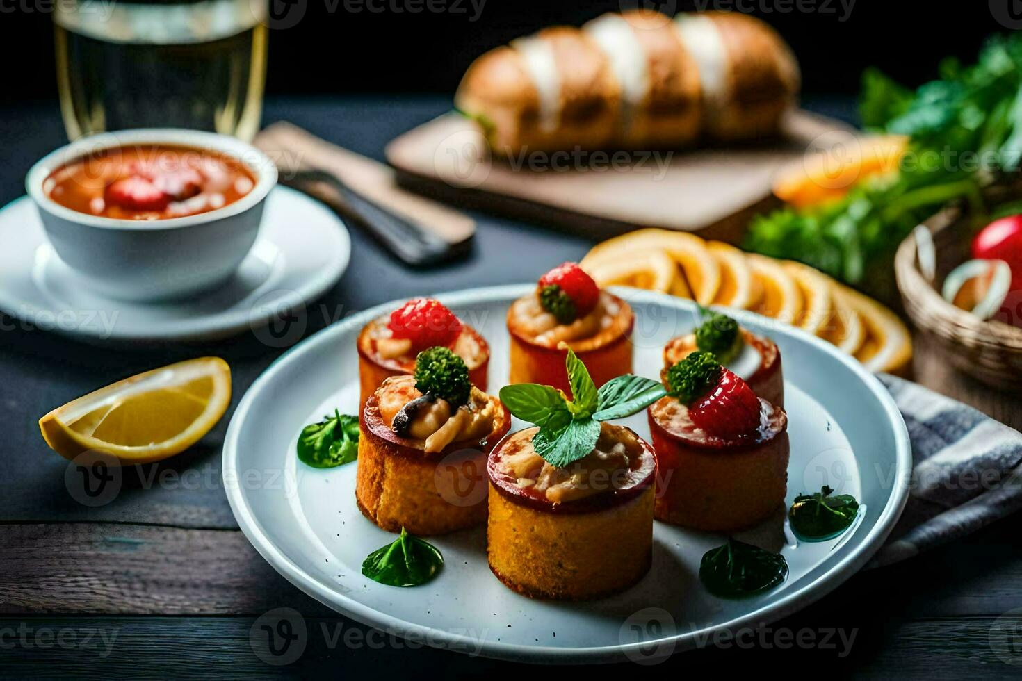 small appetizers on a plate with bread and a glass of wine. AI-Generated photo