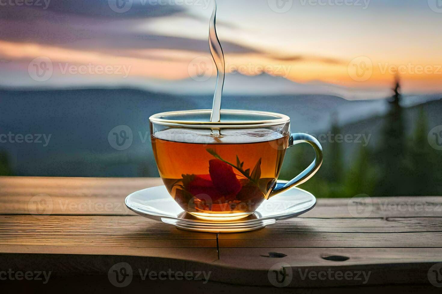 a cup of tea on a wooden table with a view of the mountains. AI-Generated photo