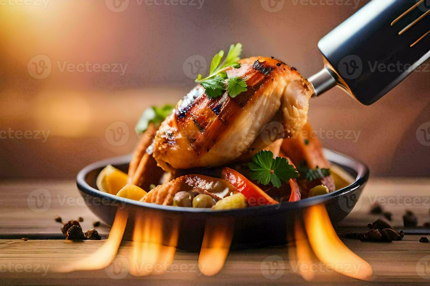 a grill with chicken and vegetables on it. AI-Generated photo