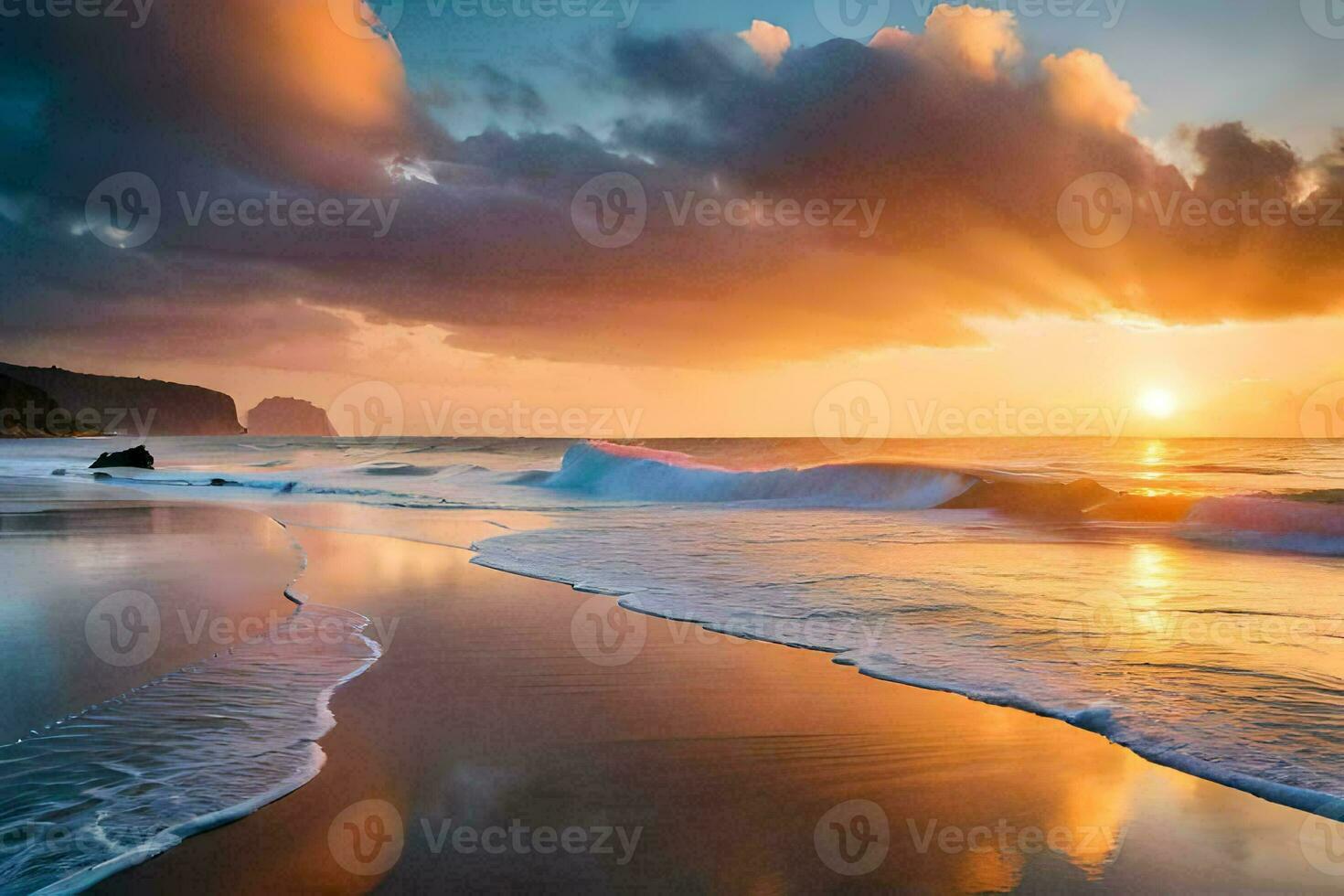 the sun rises over the ocean and waves on the beach. AI-Generated photo