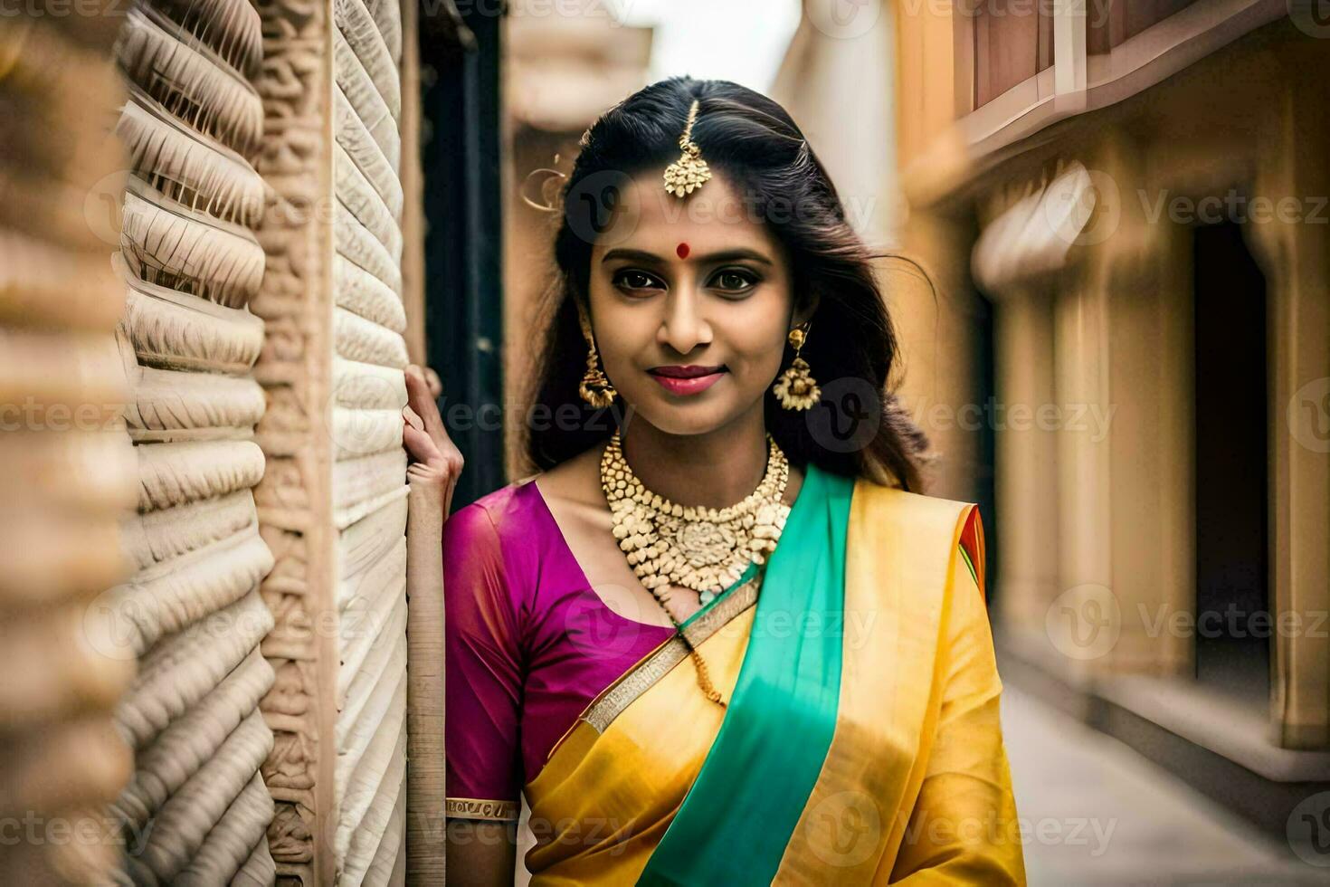un hermosa indio mujer en un amarillo y verde sari. generado por ai foto