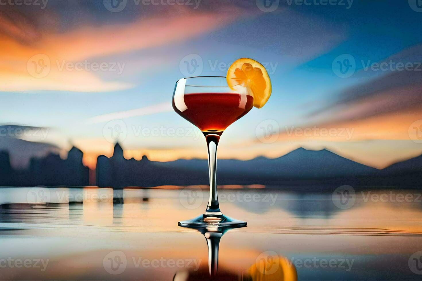 a glass of red wine with a slice of orange on the rim. AI-Generated photo