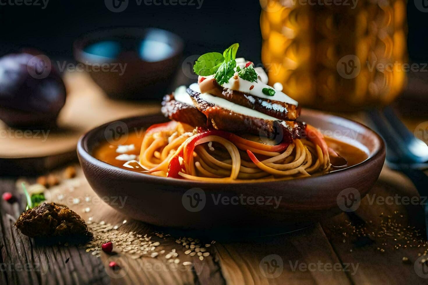 spaghetti with meat and cheese in a bowl. AI-Generated photo