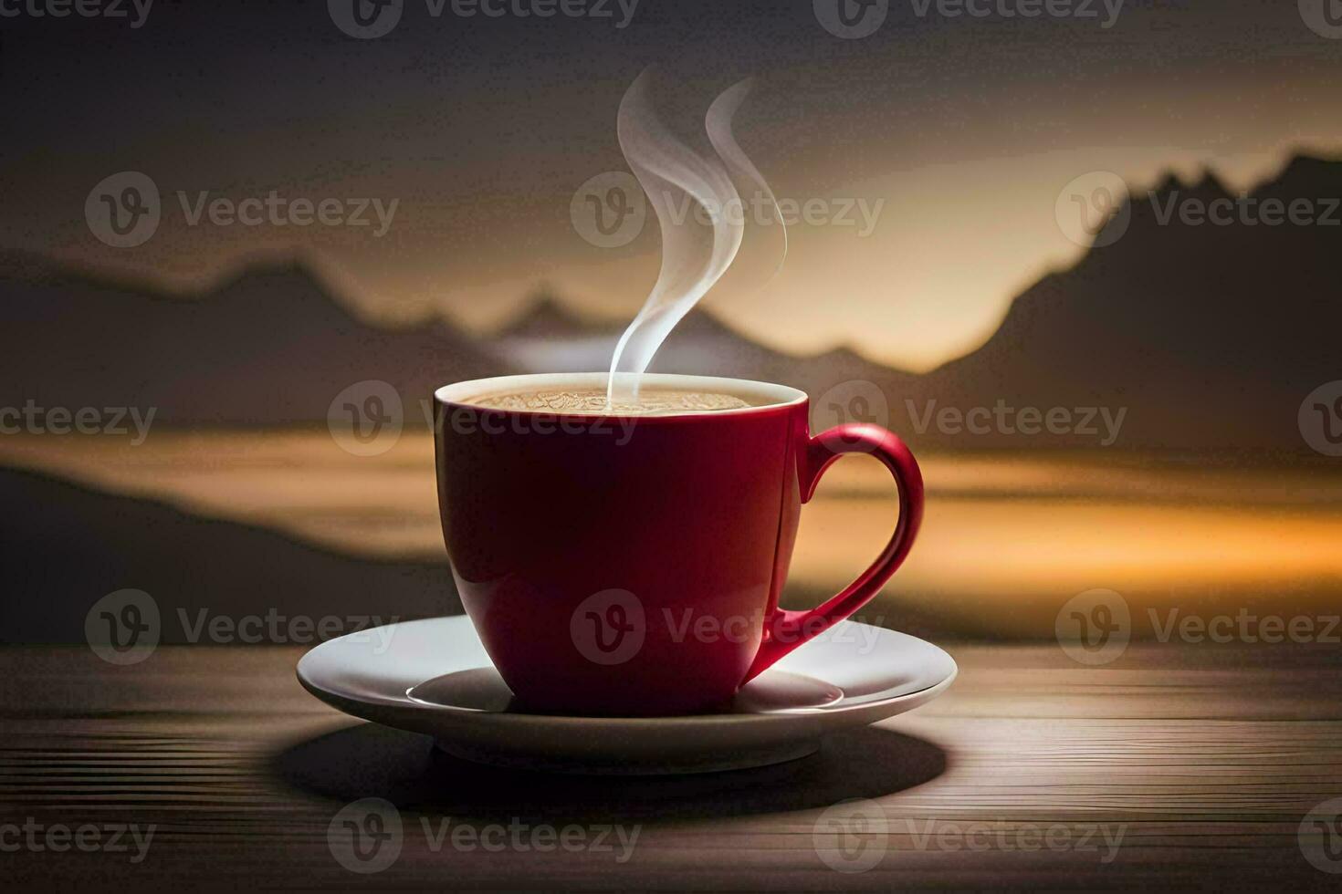 a cup of coffee on a table with mountains in the background. AI-Generated photo