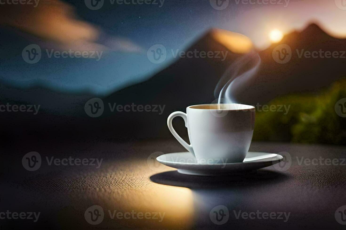 a cup of coffee on a table with mountains in the background. AI-Generated photo