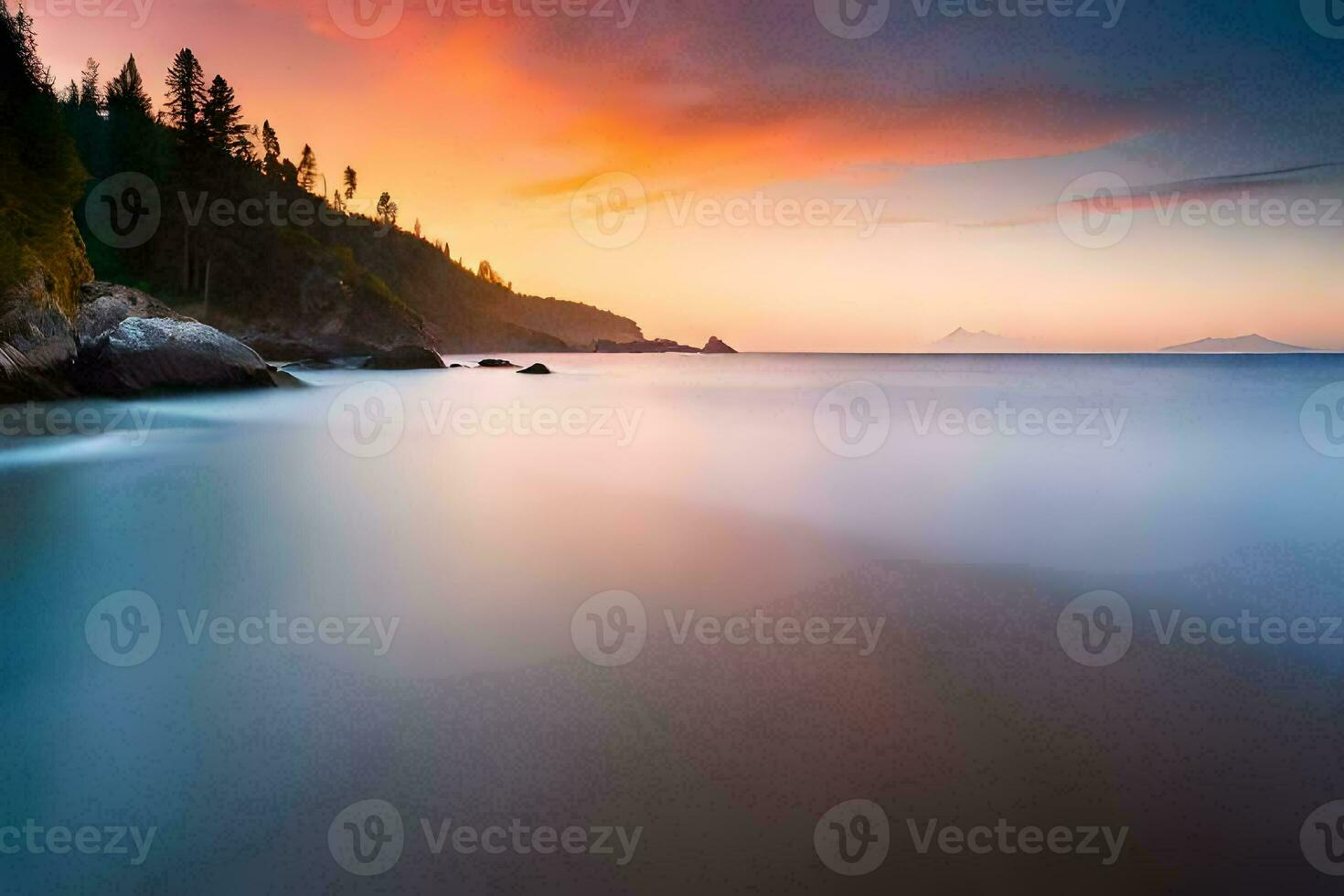 a beautiful sunset over the ocean with trees and rocks. AI-Generated photo