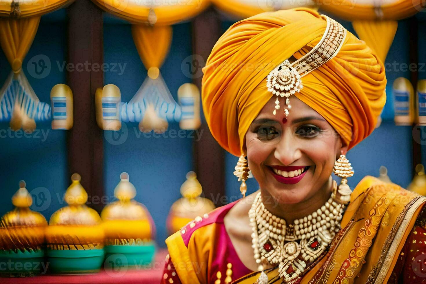 un mujer en un amarillo turbante y joyas. generado por ai foto