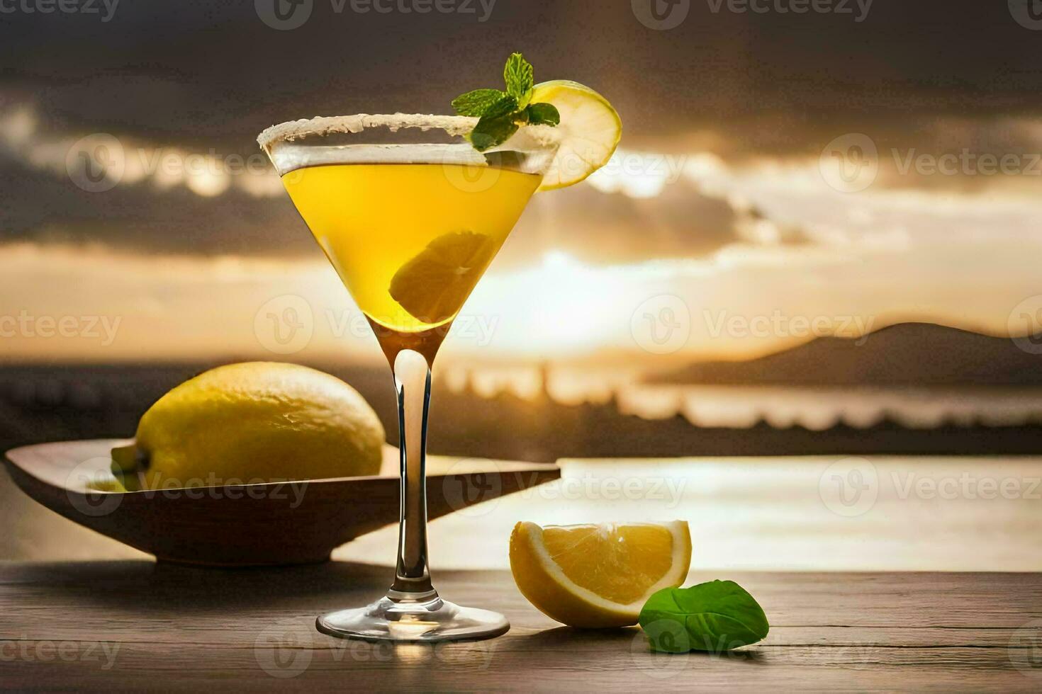 a cocktail with lemon and mint on a wooden table. AI-Generated photo