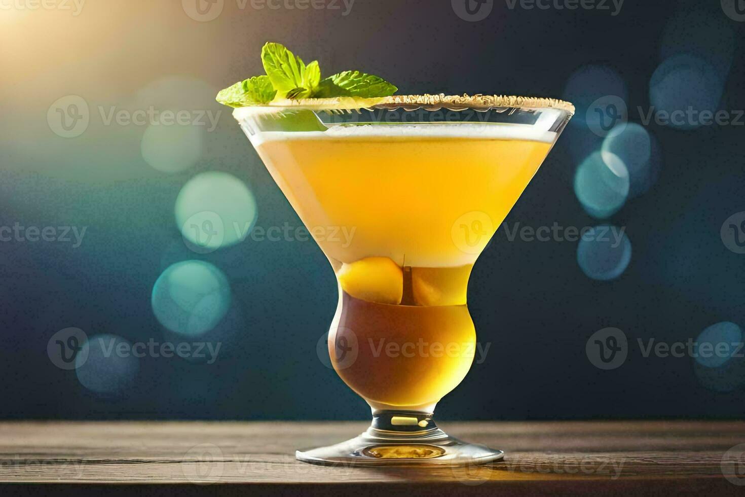 cocktail on a wooden table with a bright light. AI-Generated photo