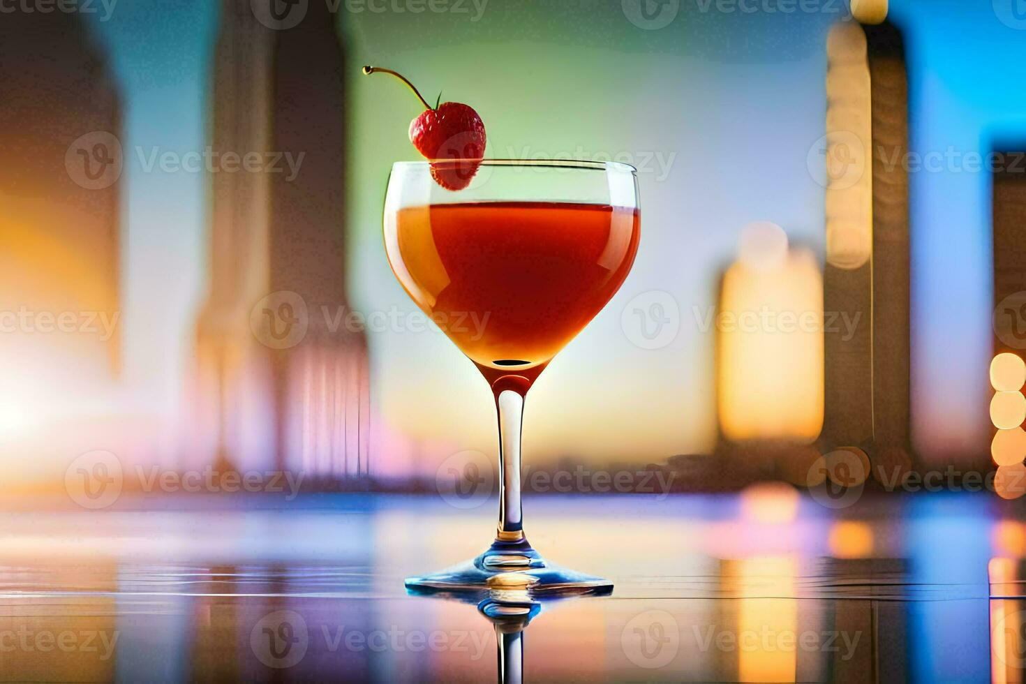 a cocktail with a cherry on top in front of a cityscape. AI-Generated photo