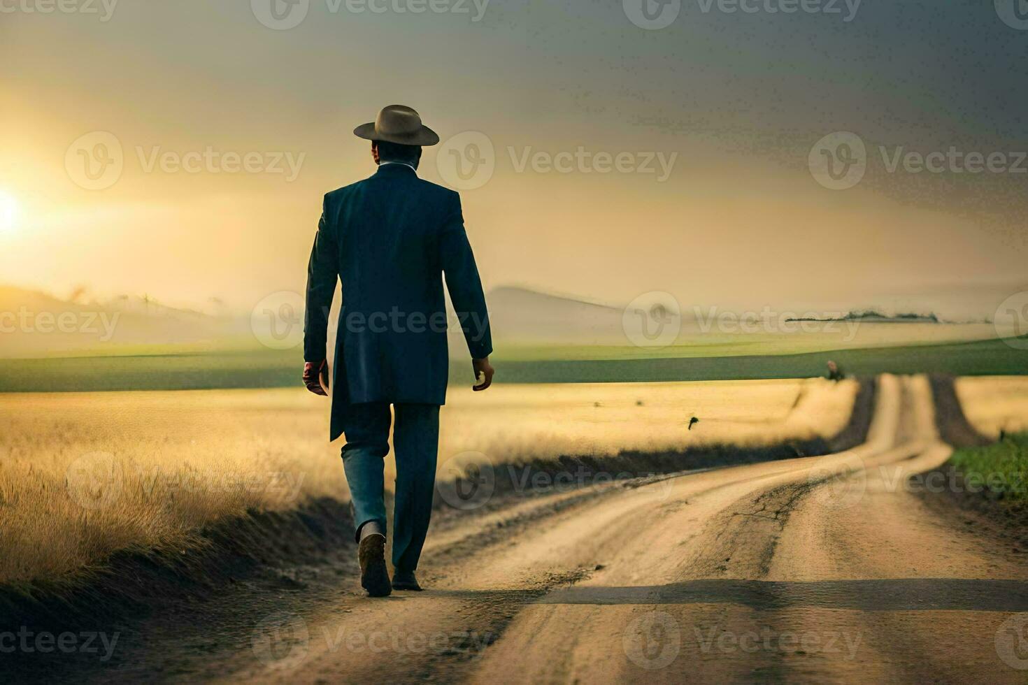 a man in a suit and hat walks down a dirt road. AI-Generated photo