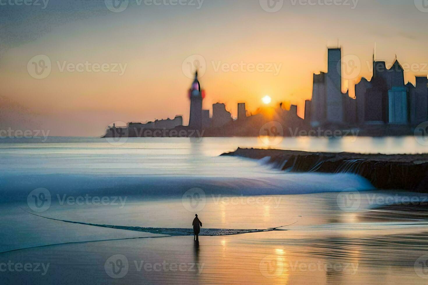 a surfer walks along the beach at sunset with the city skyline in the background. AI-Generated photo