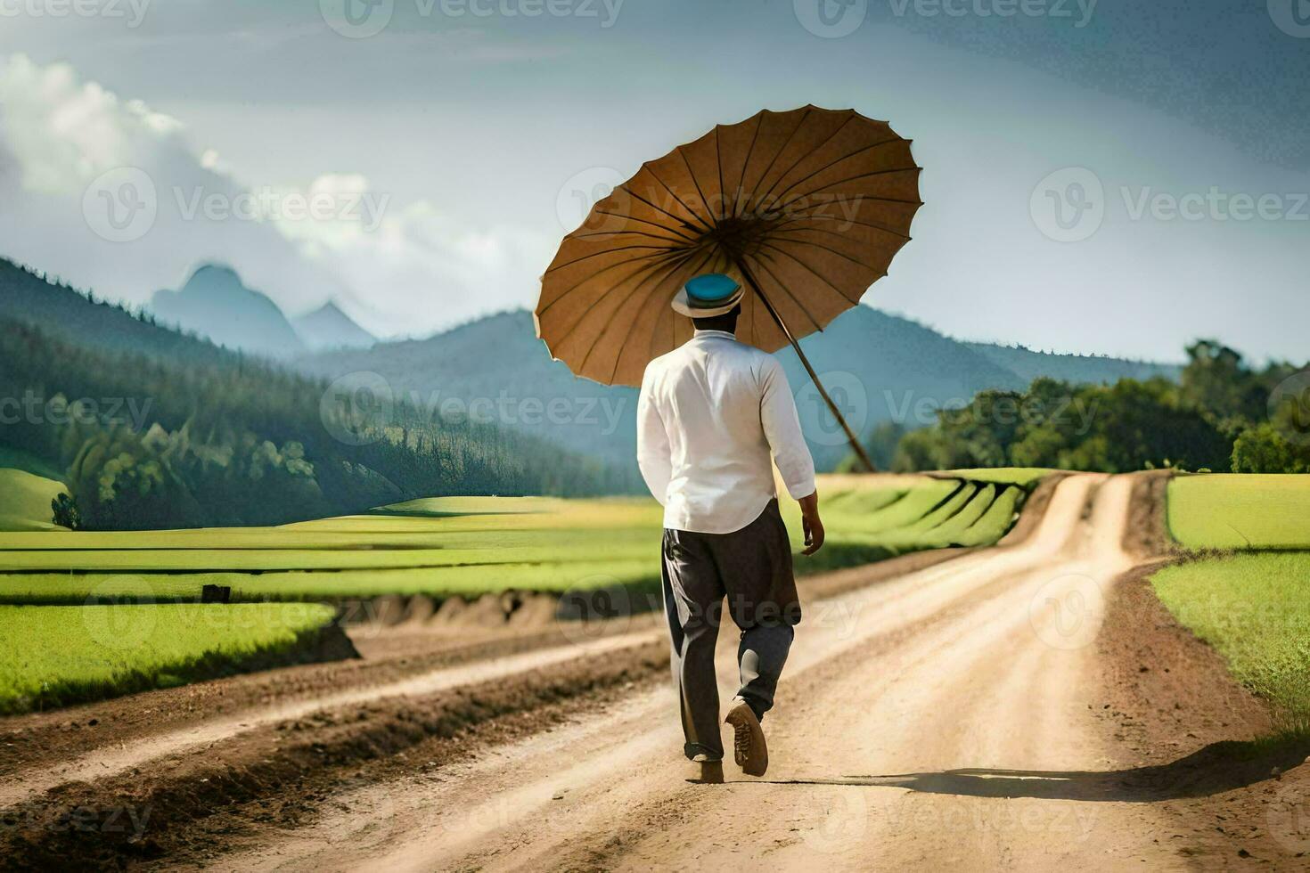 a man walking down a dirt road with an umbrella. AI-Generated photo