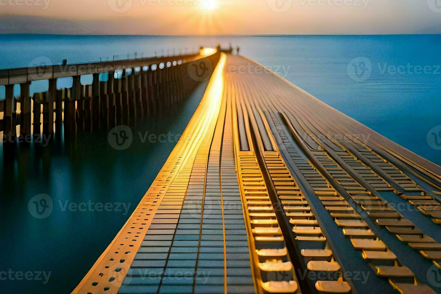 a long pier with a long bridge over the water. AI-Generated photo