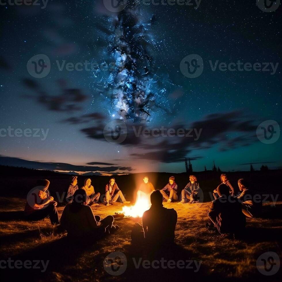 A group of friends sitting around a campfire under a starry sky generative ai photo