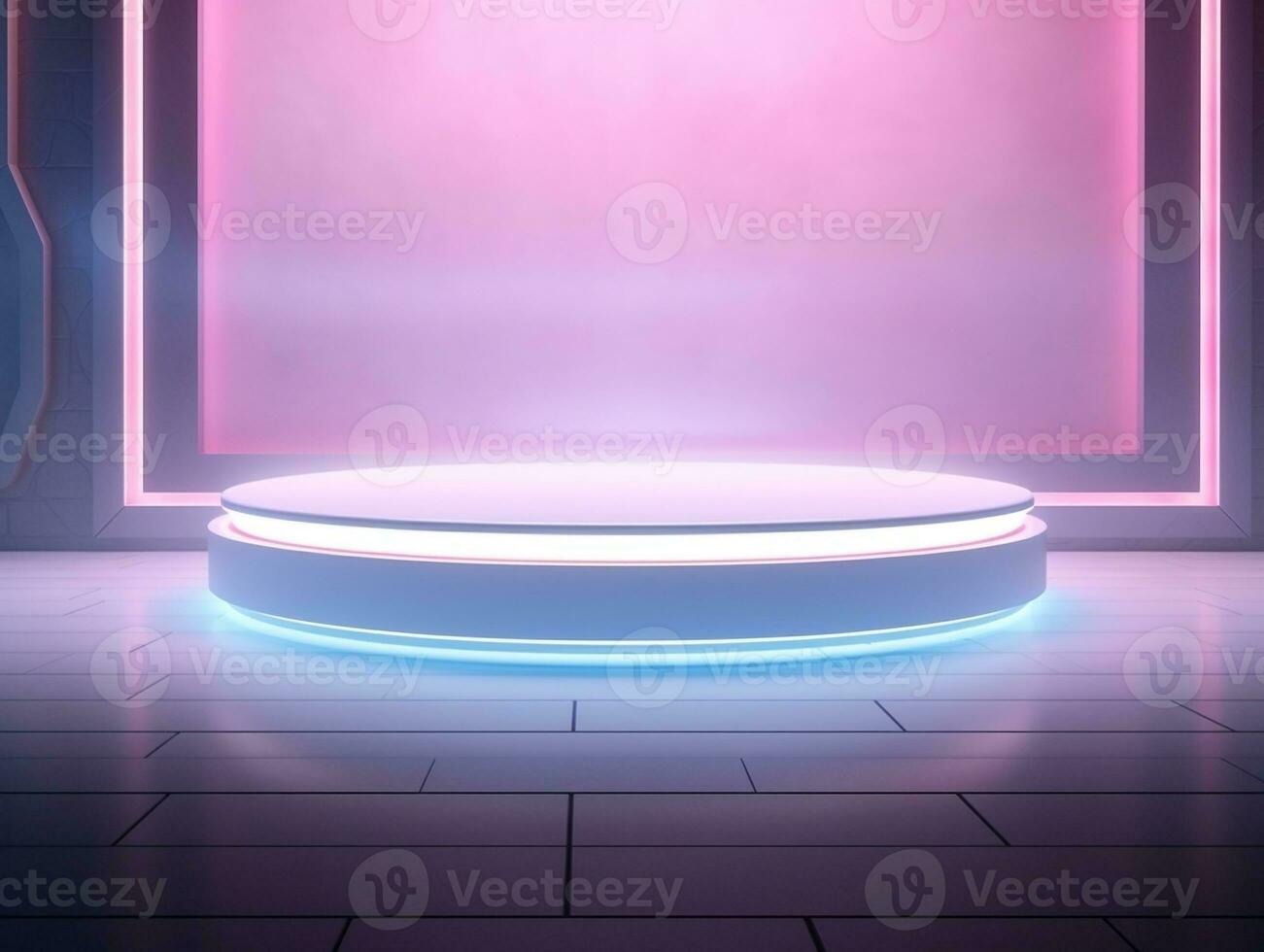 Beautiful futuristic modern podium with textured white wall and neon backlight generative ai photo