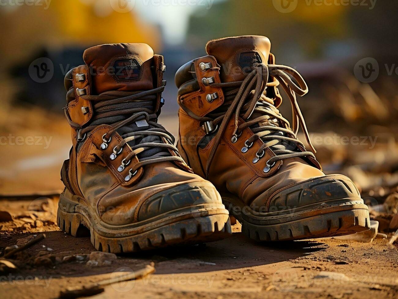 A close-up of a hiker's worn-out boots on a dusty trail generative ai photo