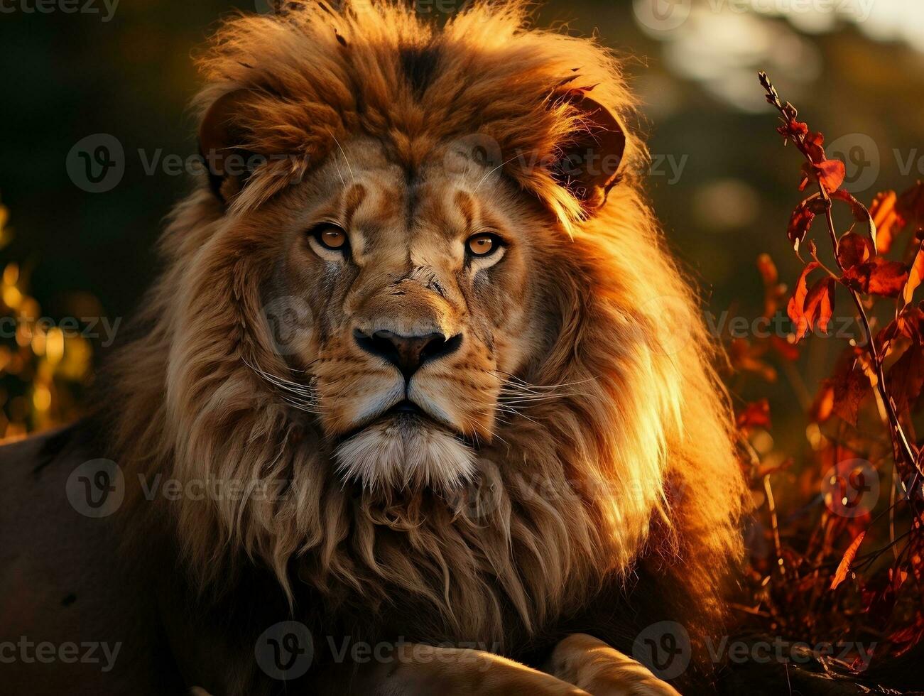 A lion in the savannah at sunset, male lion, king of the wilderness generative ai photo