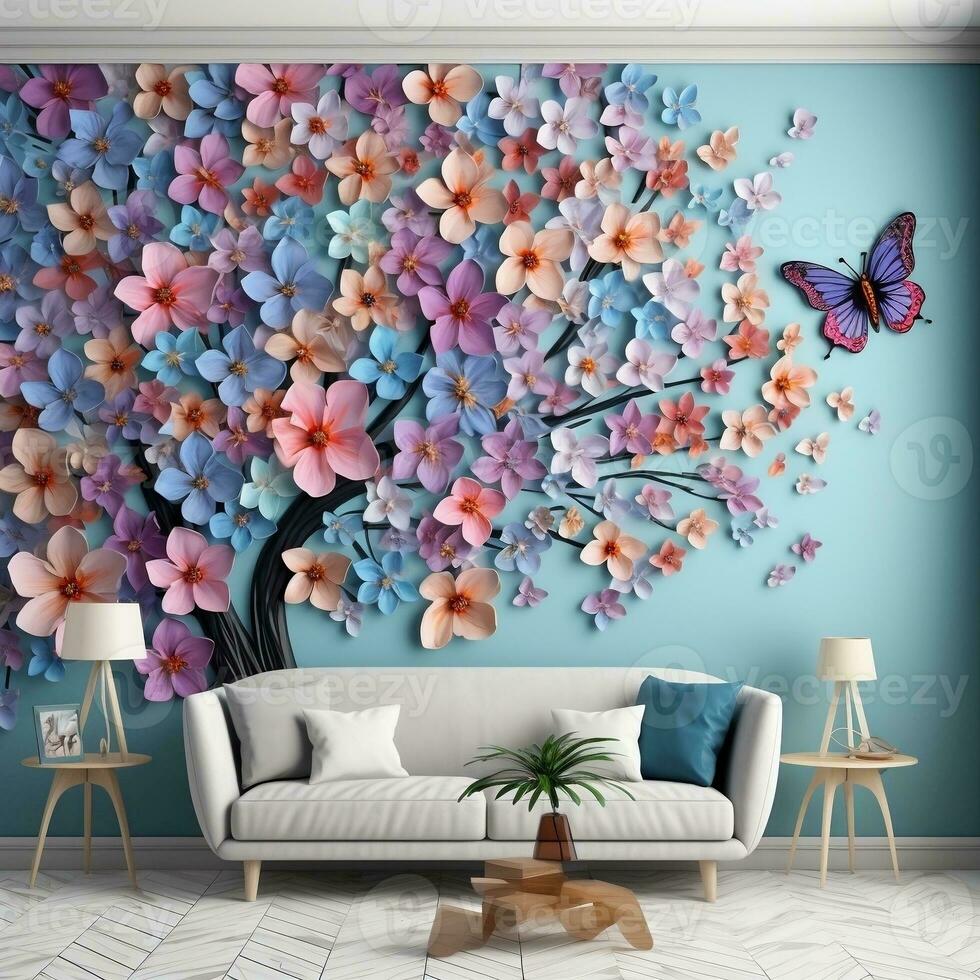 Multicolor flower with leaves and butterflies above on the tree illustration Background. 3D abstraction interior wall art decor wallpaper generative ai photo