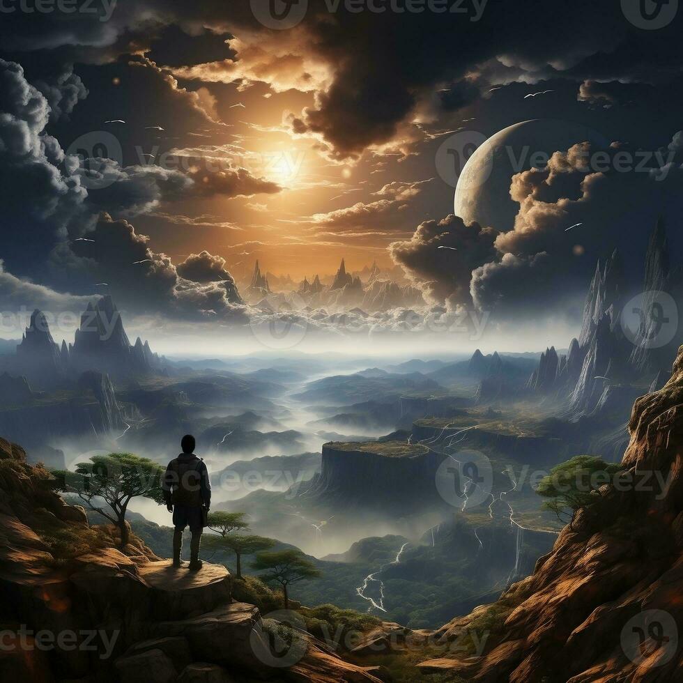 A traveler standing on a cliff edge, overlooking a vast, misty landscape generative ai photo