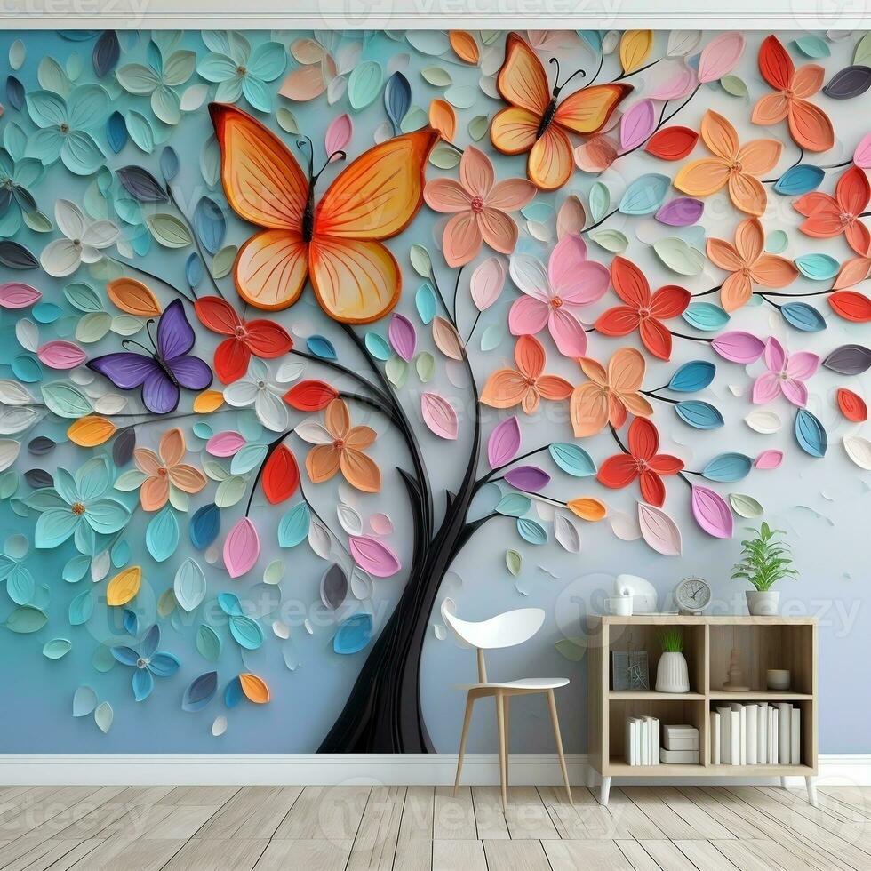 Multicolor flower with leaves and butterflies above on the tree illustration Background. 3D abstraction interior wall art decor wallpaper generative ai photo