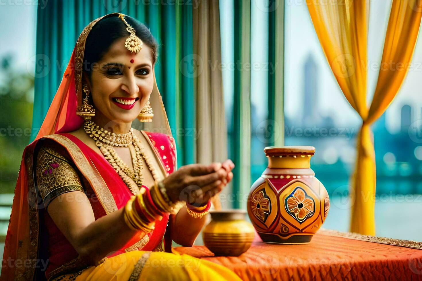 a woman in traditional indian attire is holding a pot. AI-Generated photo