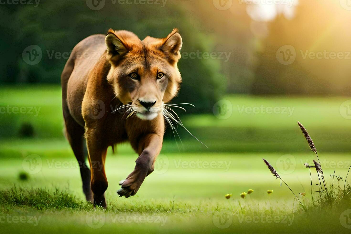 lion running in the grass. AI-Generated photo