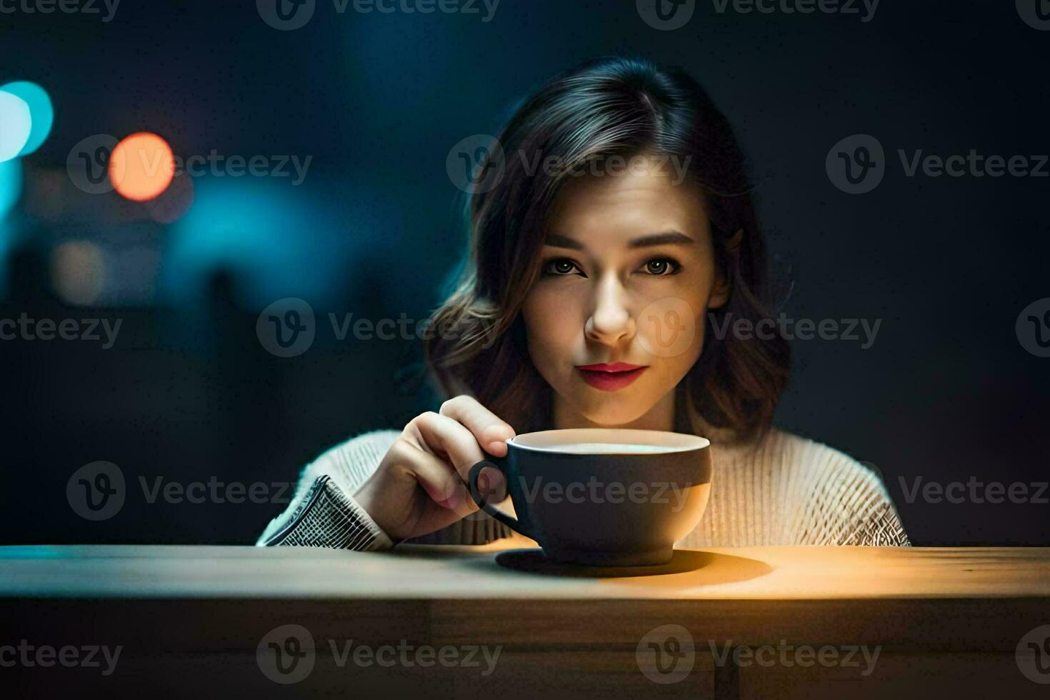 a woman holding a cup of coffee. AI-Generated photo