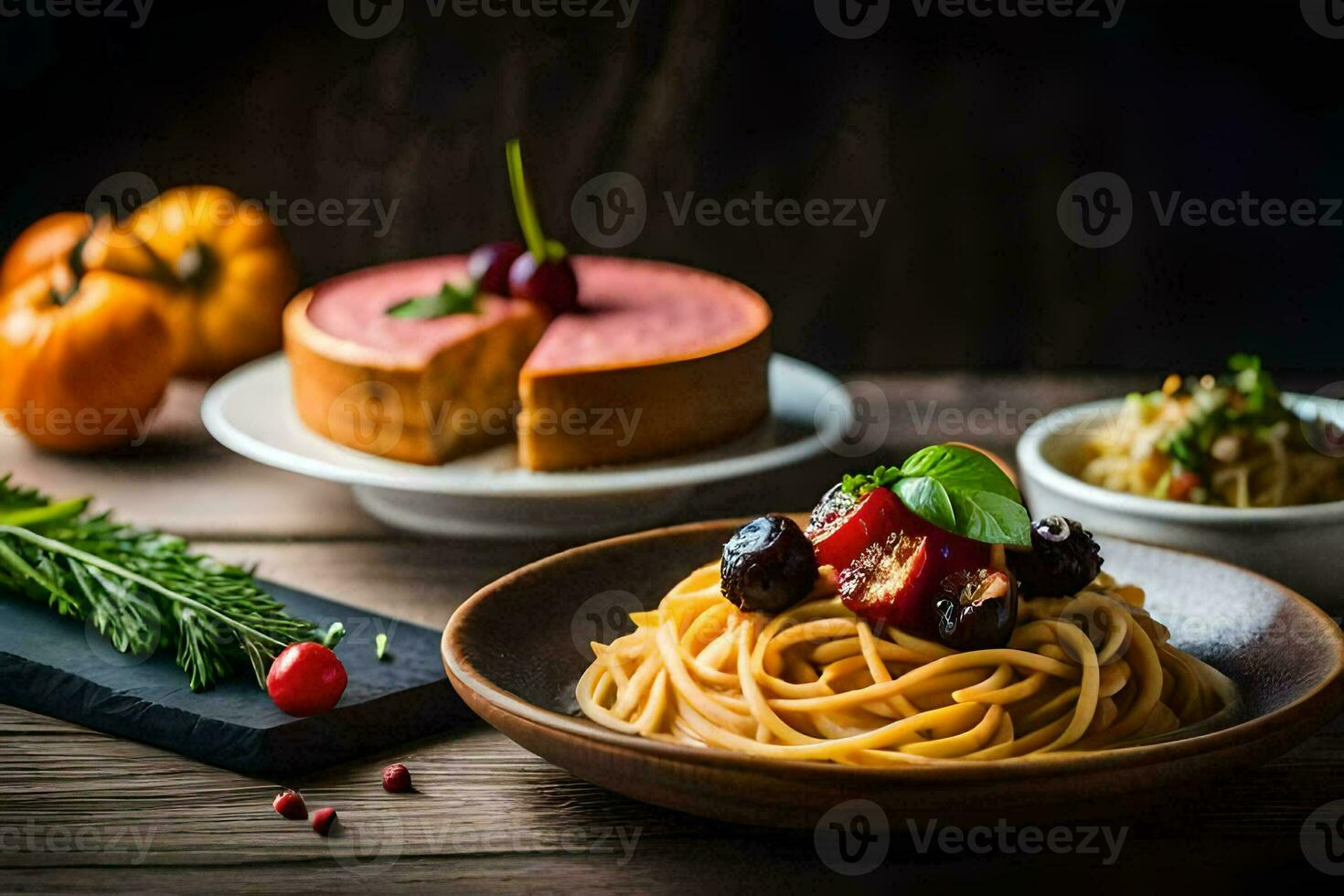 spaghetti with cherry tomatoes and cherries on a wooden table. AI-Generated photo