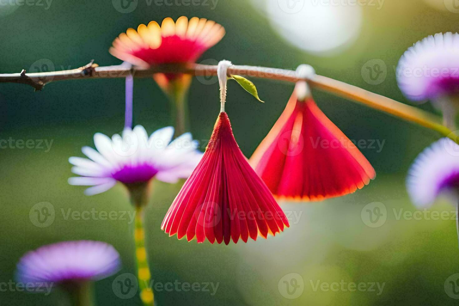 rojo flores colgando desde un rama con un Dom en el antecedentes. generado por ai foto