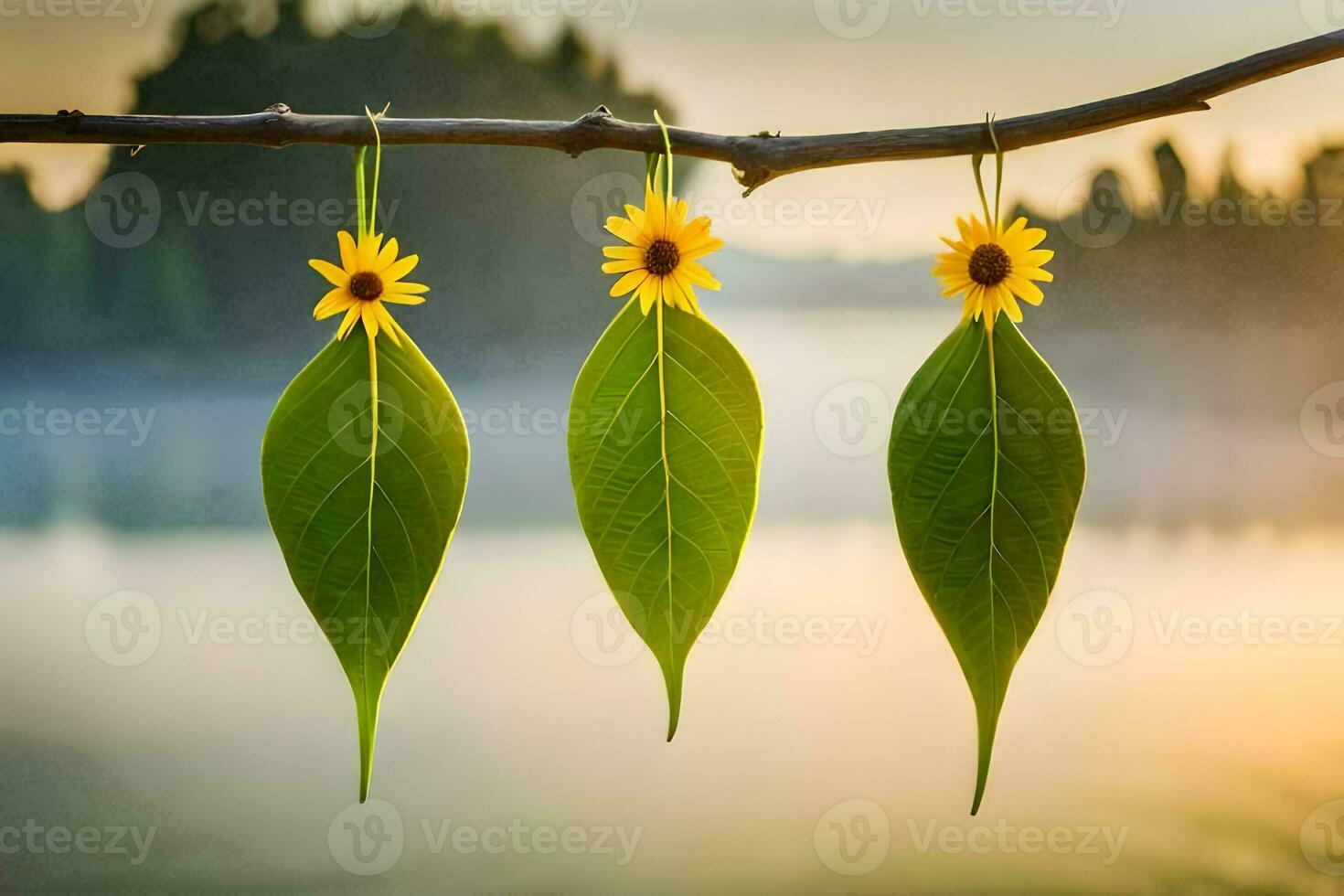 three sunflowers hanging from a branch over a lake. AI-Generated photo