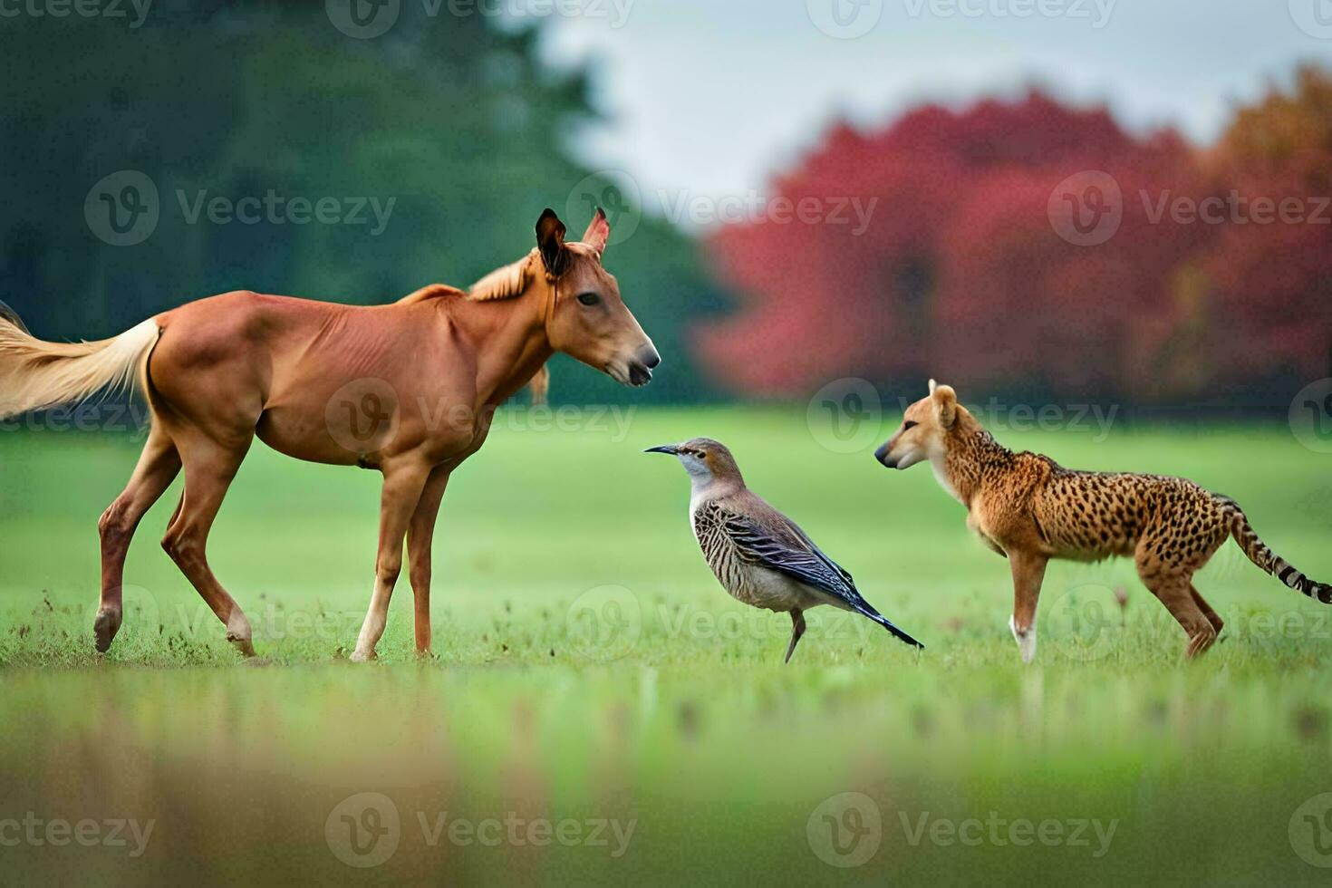 un caballo y dos aves en un campo. generado por ai foto