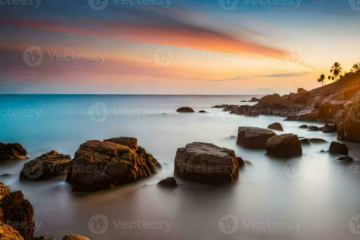 the sun sets over the ocean and rocks. AI-Generated photo