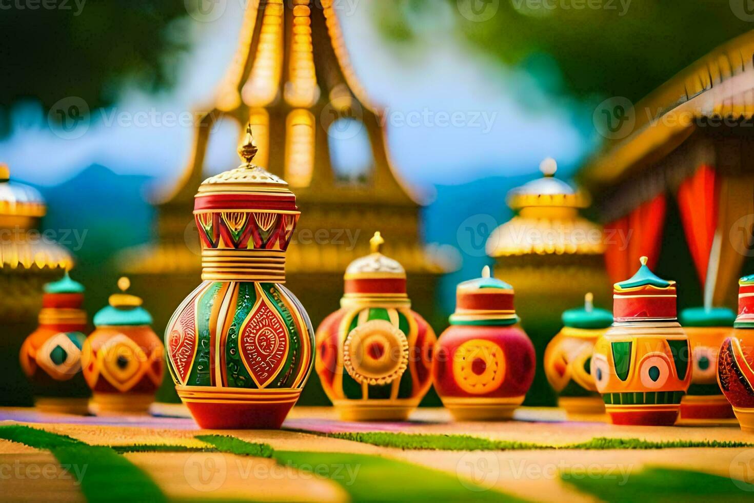 colorful vases on the grass in front of a temple. AI-Generated photo