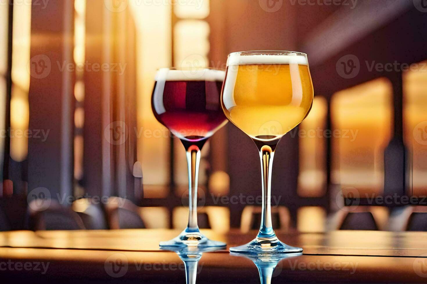 two glasses of wine on a table in front of a window. AI-Generated photo