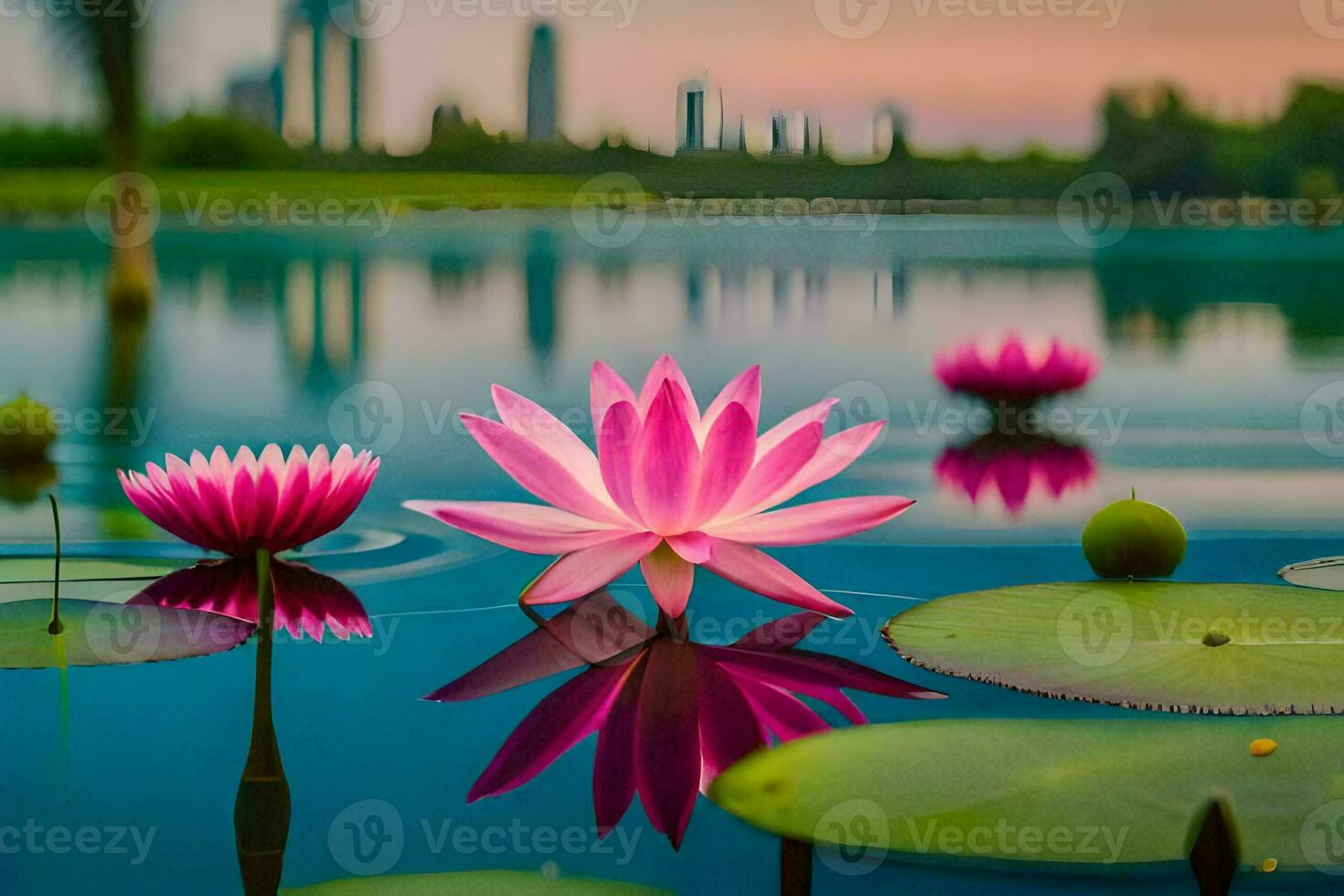 pink lotus flowers in the water with lily pads. AI-Generated photo