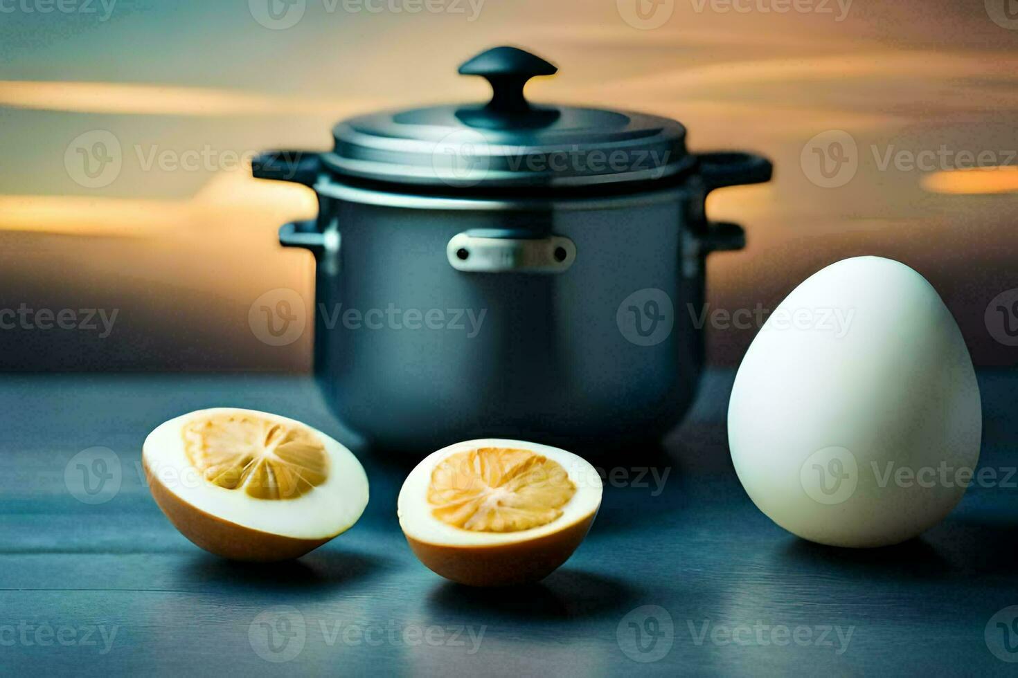 an egg and a pot of boiling water. AI-Generated photo