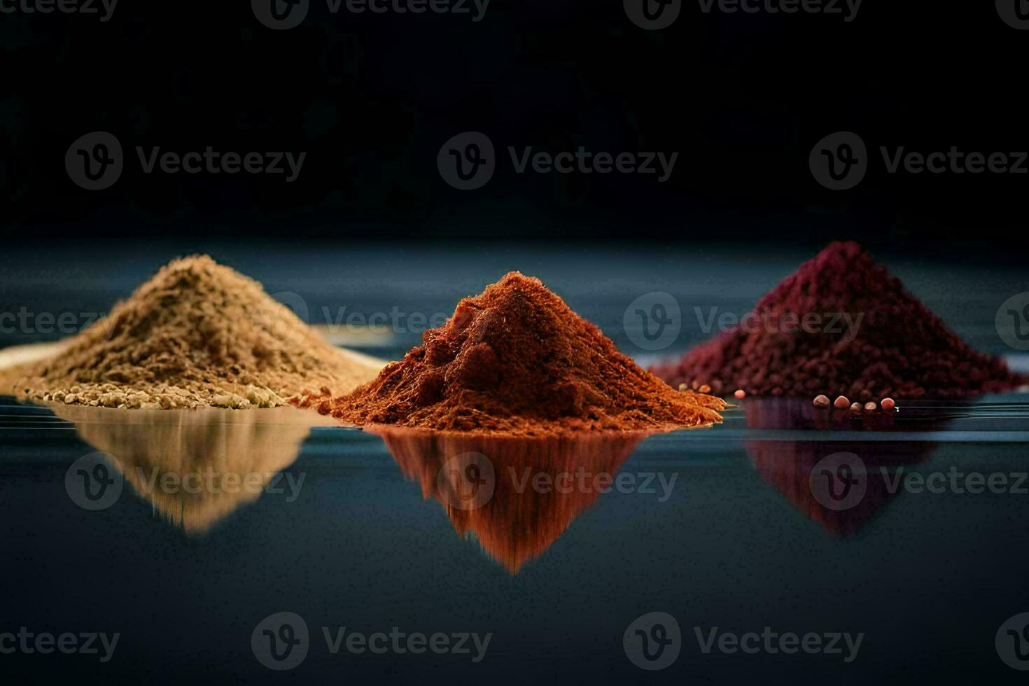 three different colored powders on a black surface. AI-Generated photo